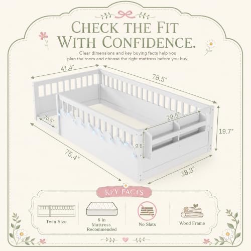 Duxelifin Twin Toddler Floor Bed with High Rails